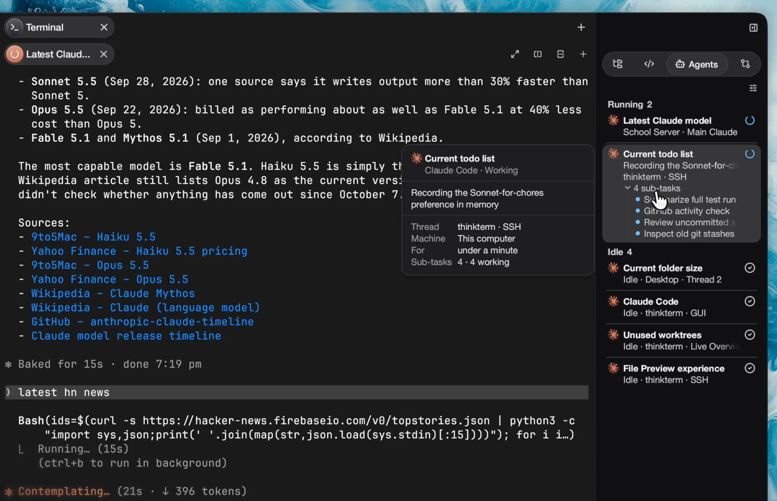 The Agents panel beside a Claude Code session: running and idle agents, sub-tasks, and an agent's hover card