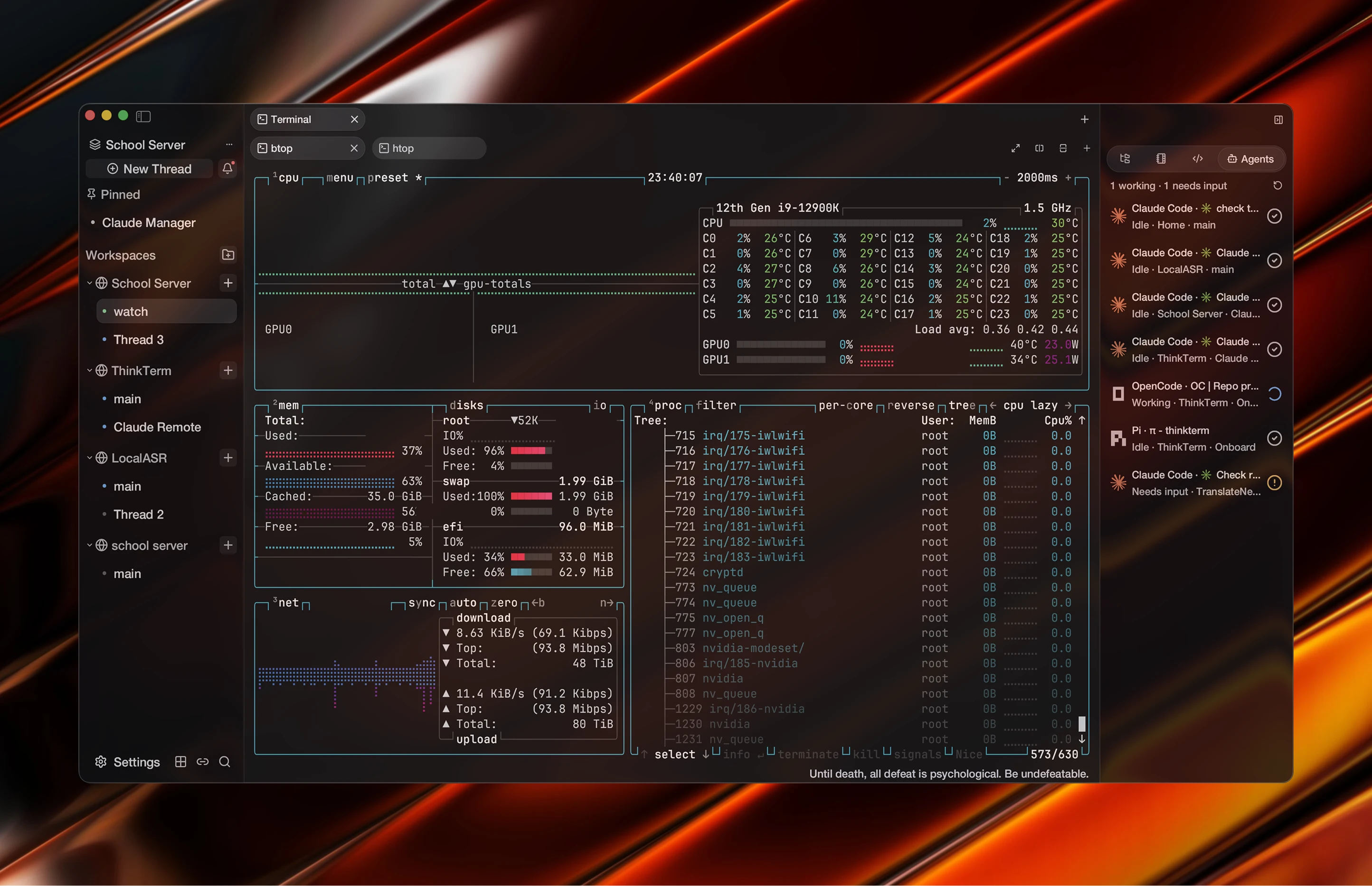ThinkTerm's sidebar, terminal, and Agents panel