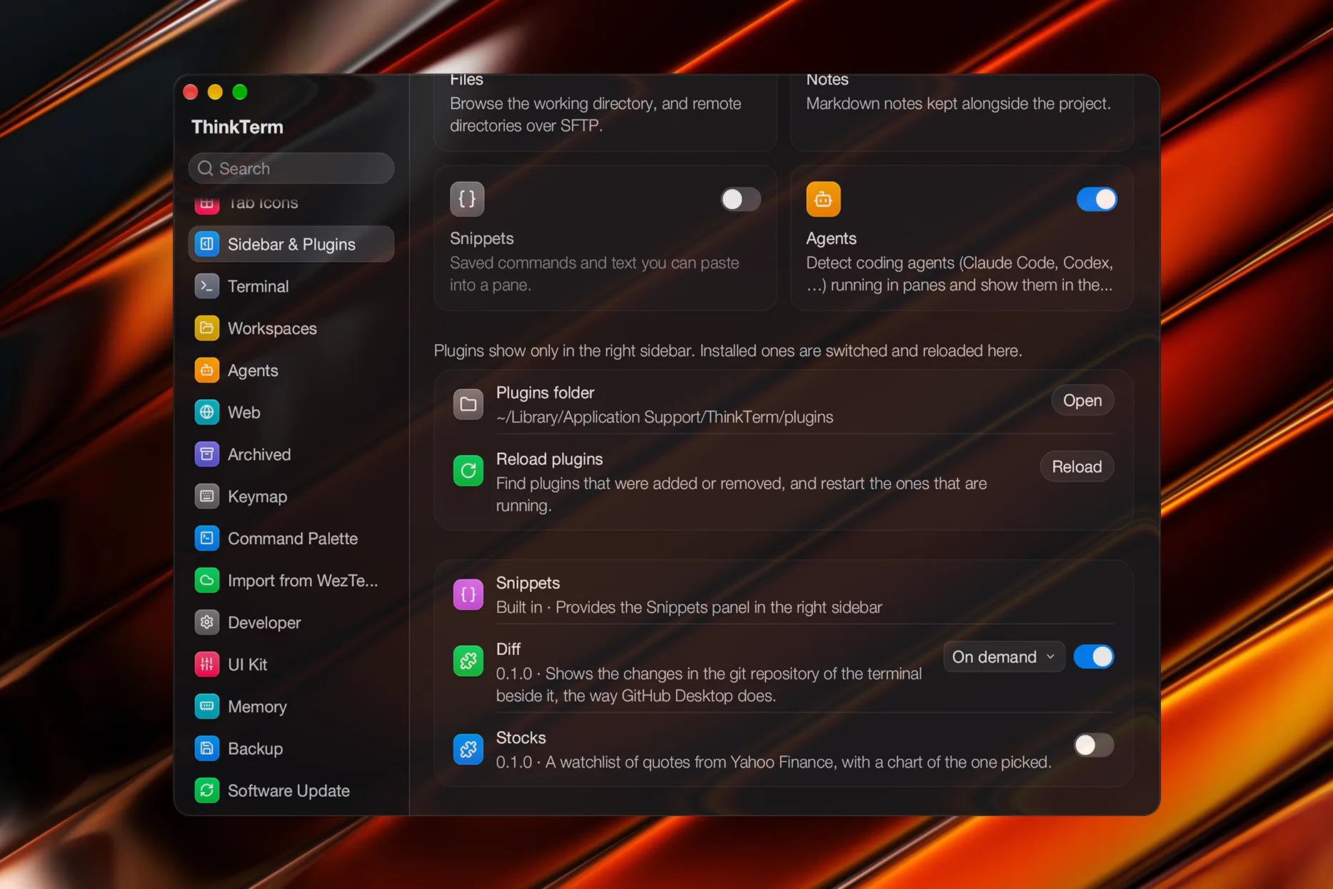 Settings › Sidebar & Plugins, listing the built-in Snippets plugin and the Diff and Stocks plugins