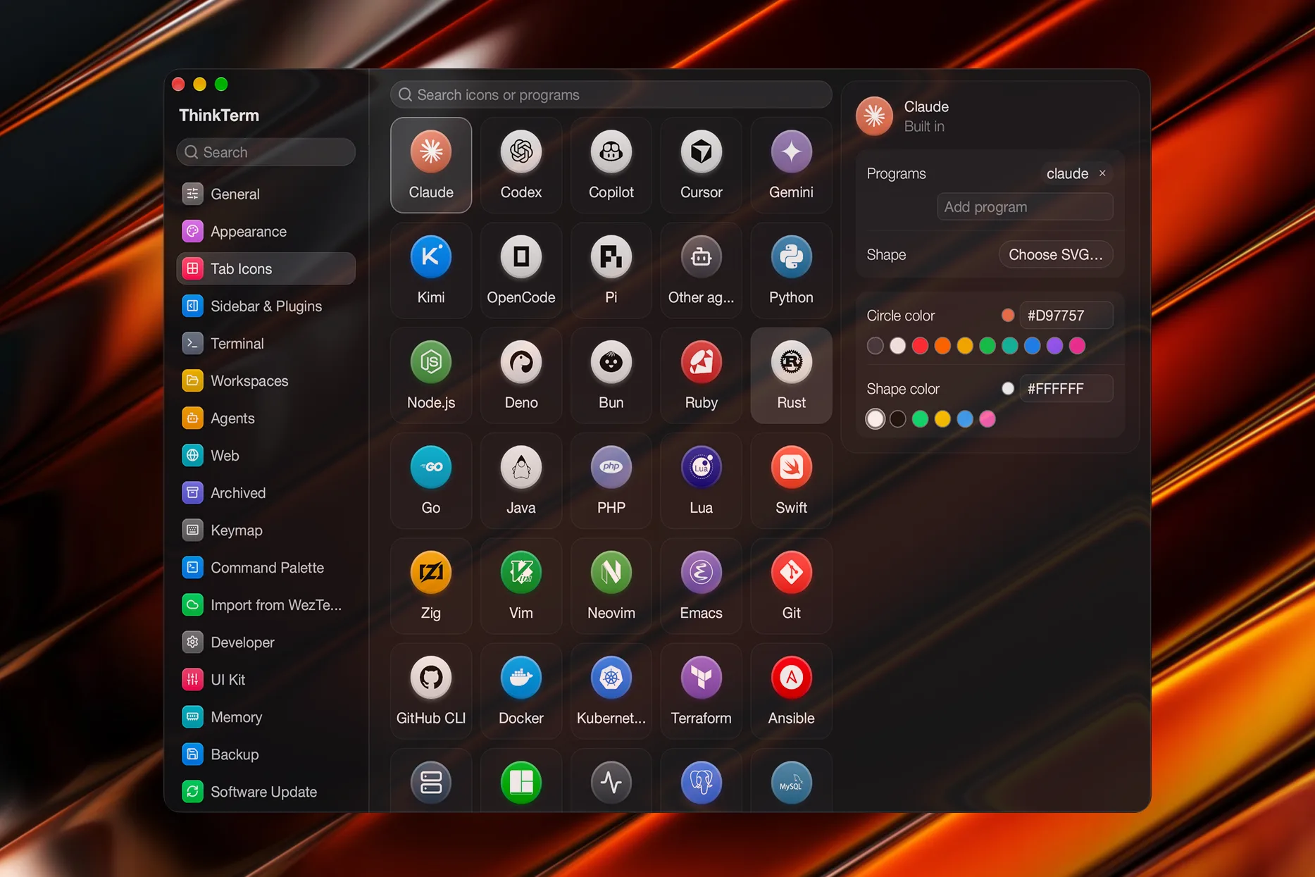 Settings › Tab Icons, with a grid of program icons and the Claude card open for editing