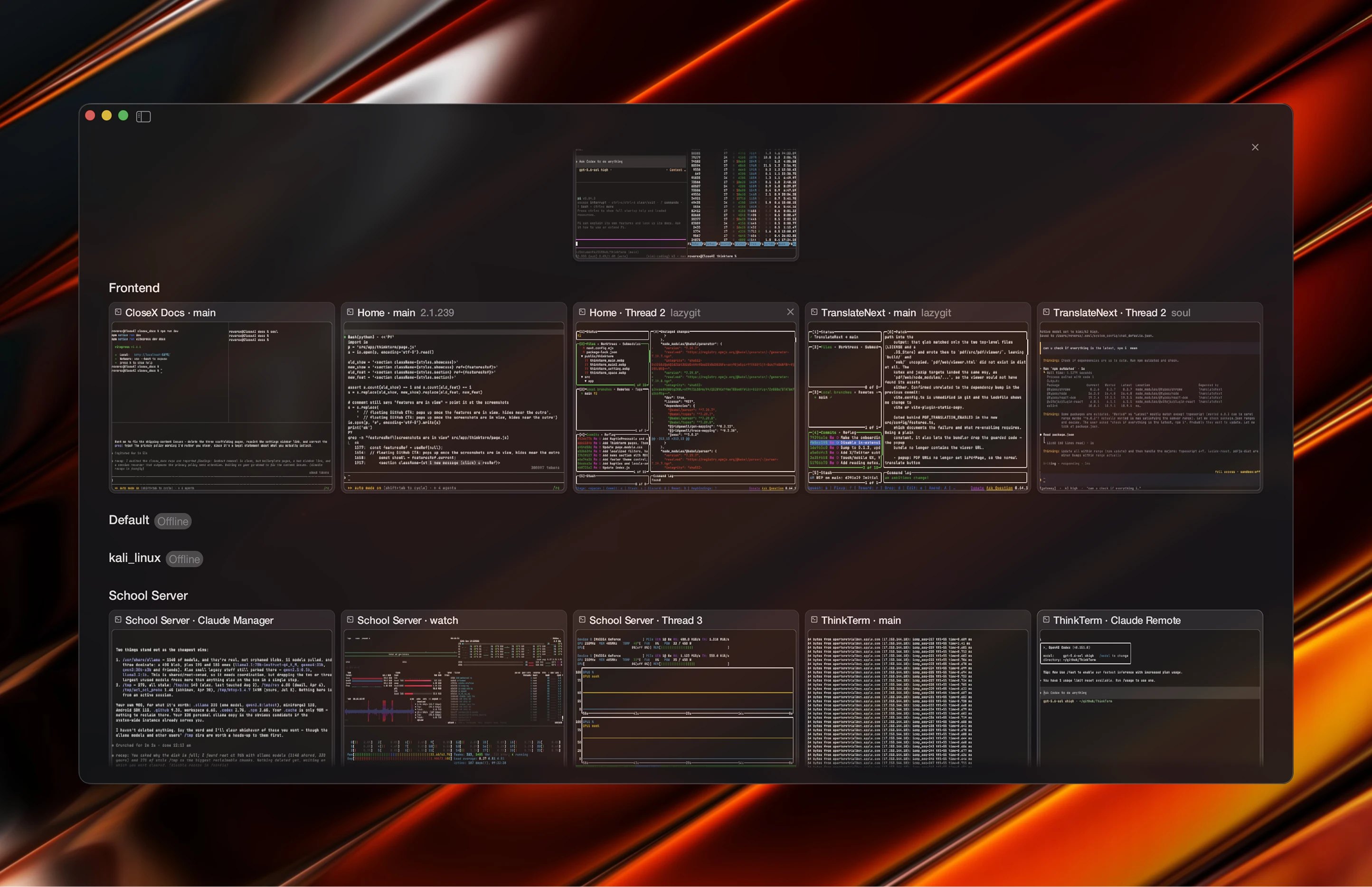 Live terminals grouped by Space, including machines that are currently offline